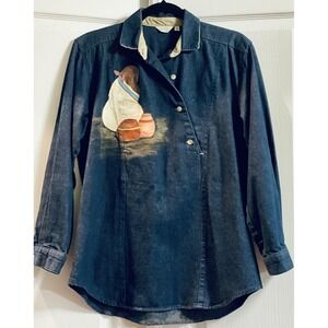 Gotcha Covered Shirt Womens Medium Blue Denim Hand Painted Western Tunic